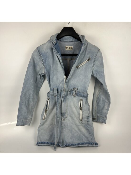 Etica Jackets & Blazers - Etica Womens XS Long Denim Trench Coat Organic Distressed Shaket